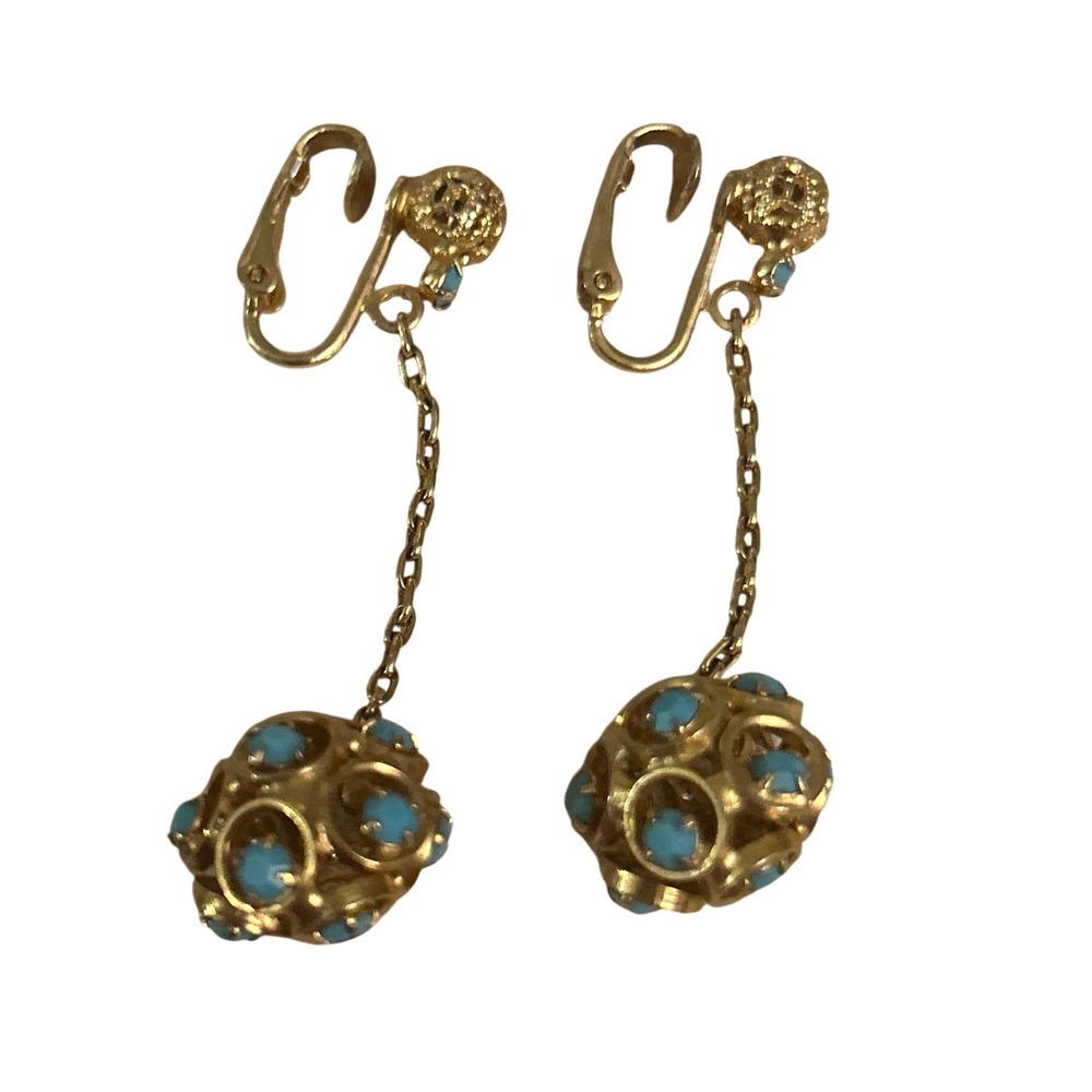 Vintage Gold Tone Turquoise Cabochon Orb Dangle Clip On Earrings Mid Century